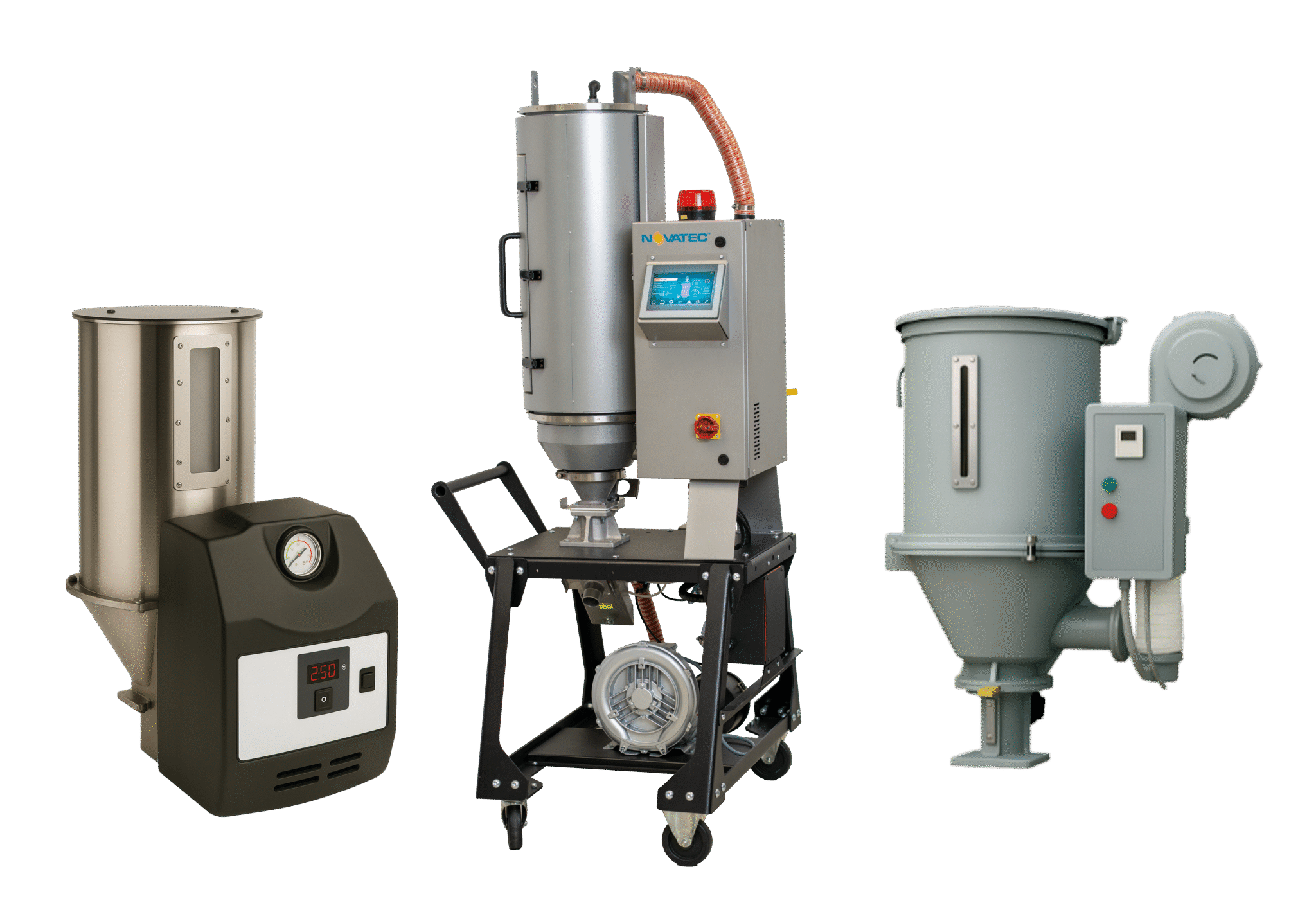 Three types of compressed air resin dryers side by side