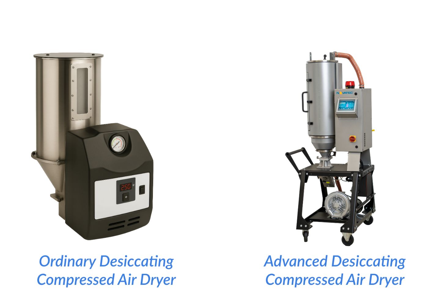An ordinary desiccating compressed air dryer compared with an advanced desiccating compressed air dryer