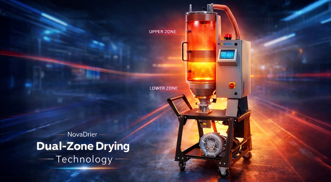 NovaDrier Dual-Zone Drying Technology: the hopper glows amber showing the upper and lower drying zones