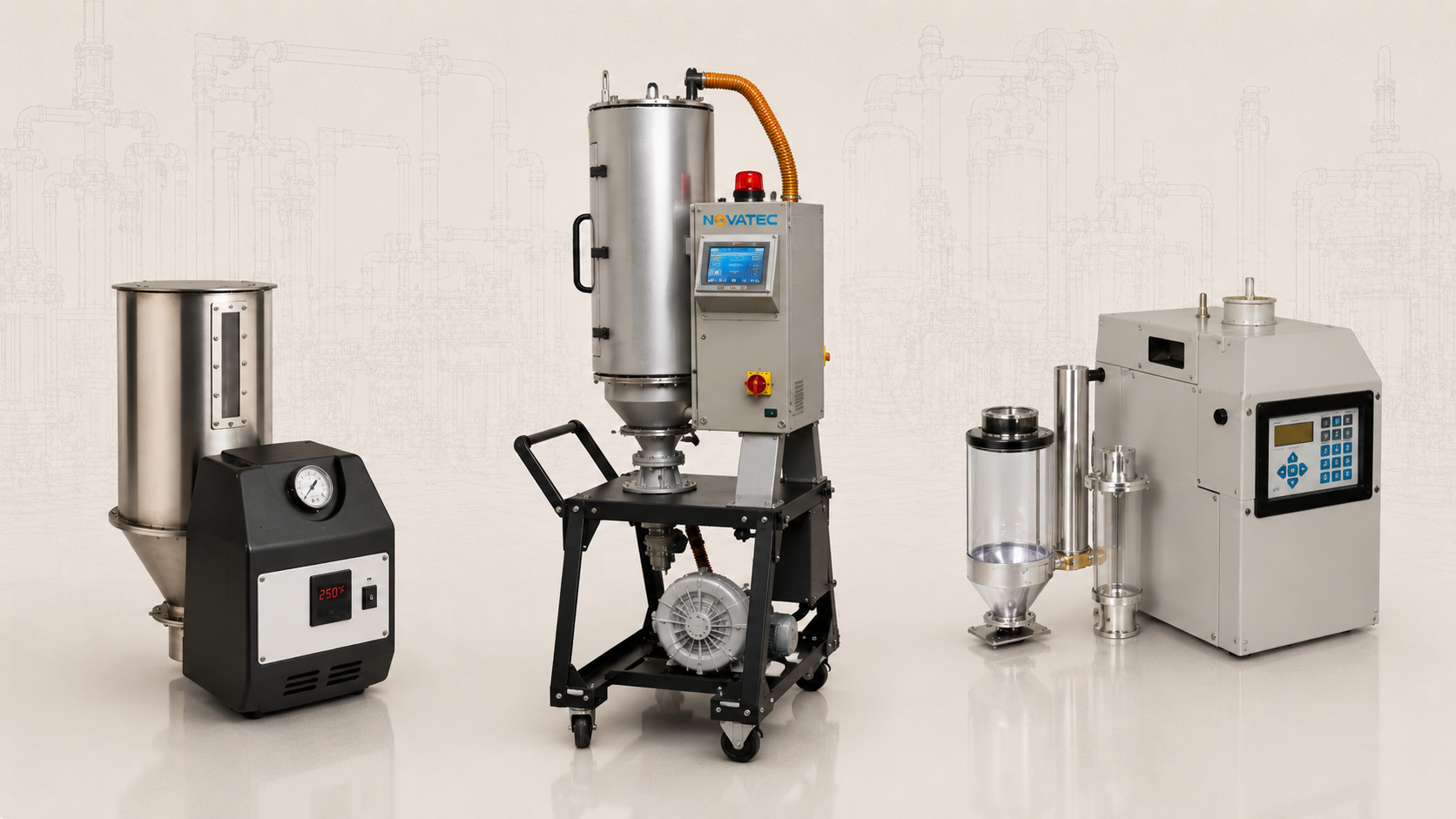 Novatec resin drying equipment photographed against a cream schematic backdrop