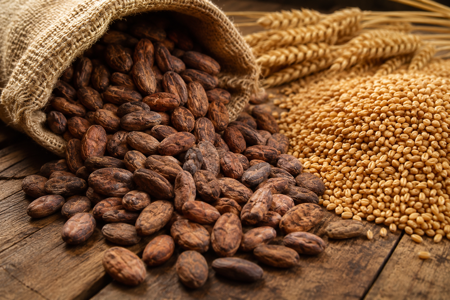 Cocoa beans spilling from a burlap sack beside a pile of wheat grain