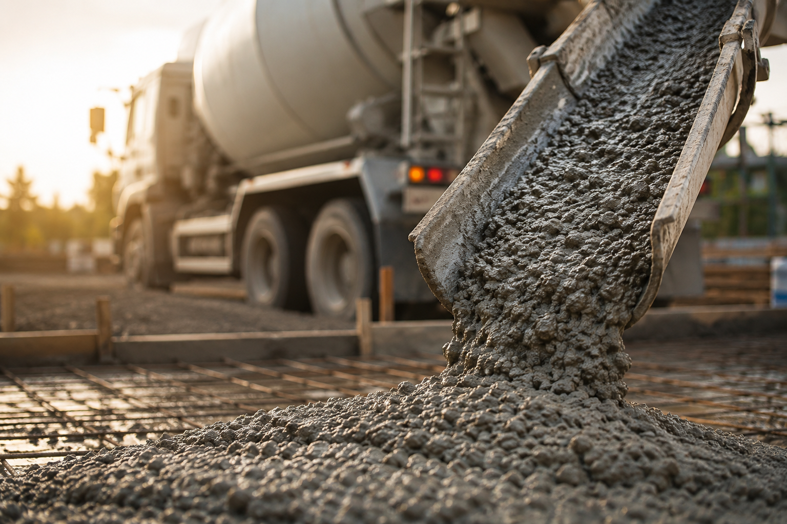 Concrete pouring from a mixer truck chute onto rebar