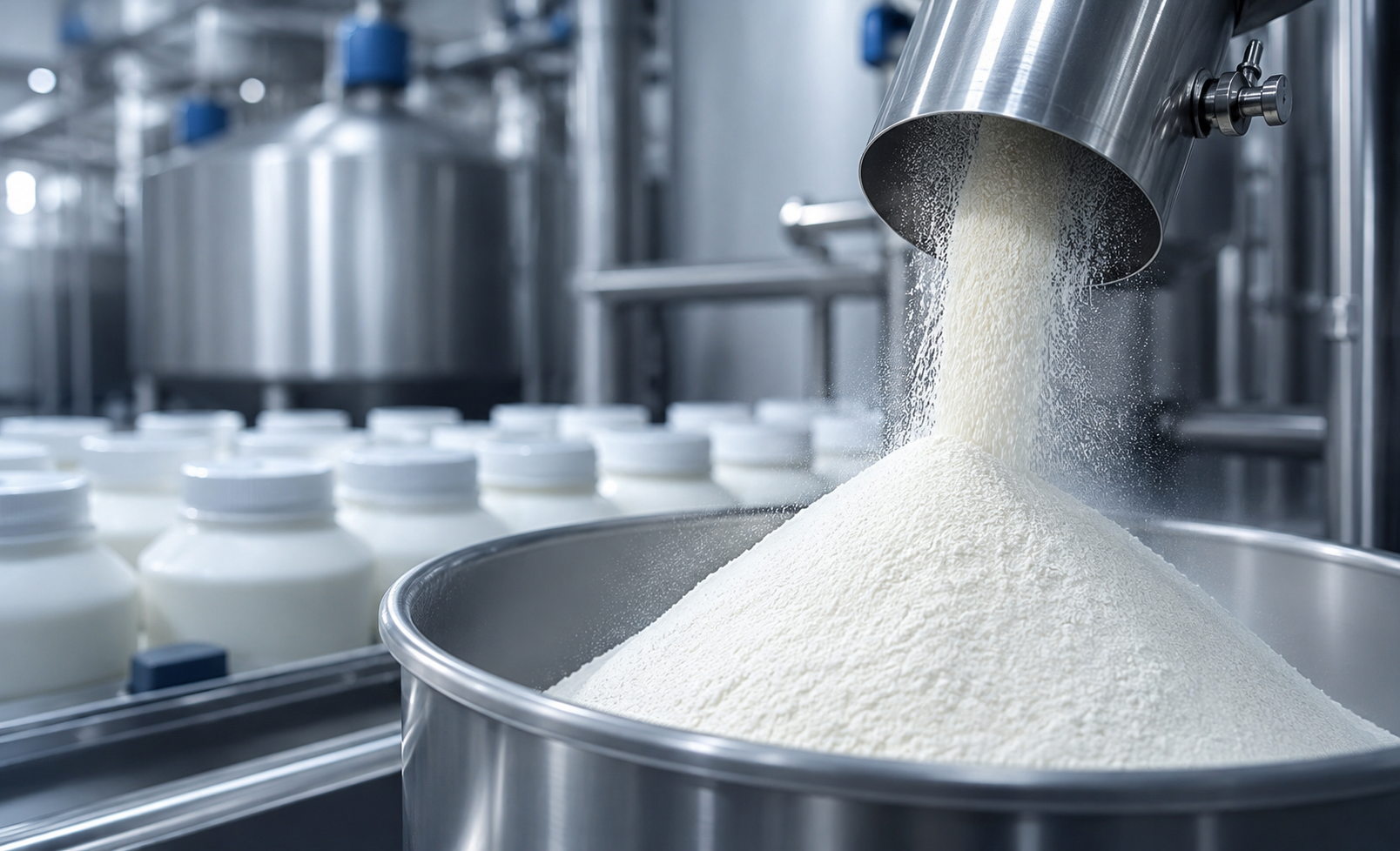 Milk powder pouring from a stainless chute into a mixing vessel beside filled bottles