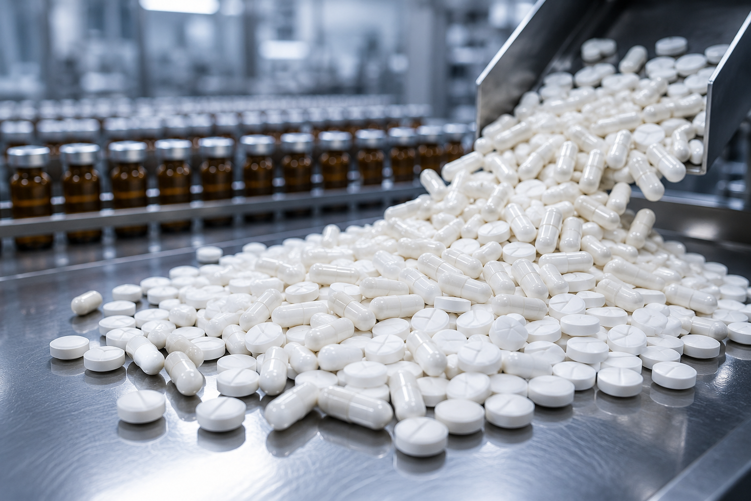 White capsules and tablets on a pharmaceutical production line