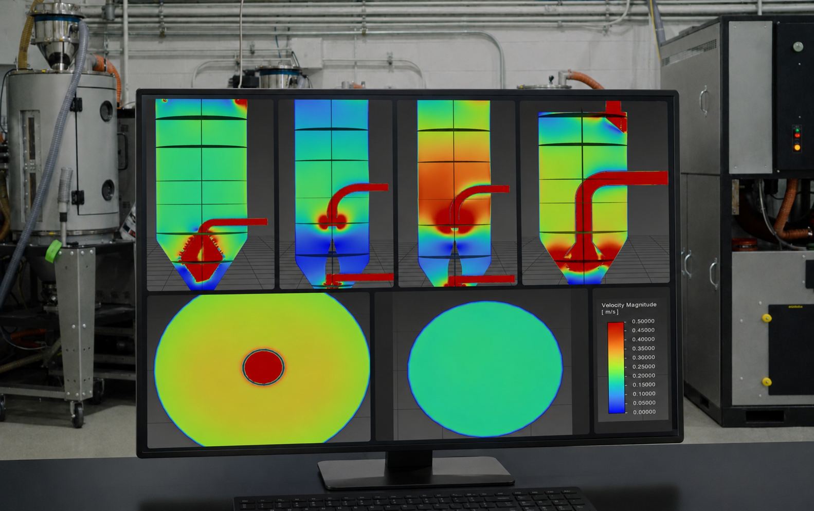 A CFD digital twin of dryer hoppers on the lab's ANSYS system, showing airflow velocity distribution inside a drying hopper