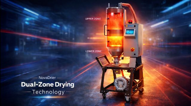 The NovaDrier Dual-Zone Drying hopper glowing amber, showing upper and lower zones