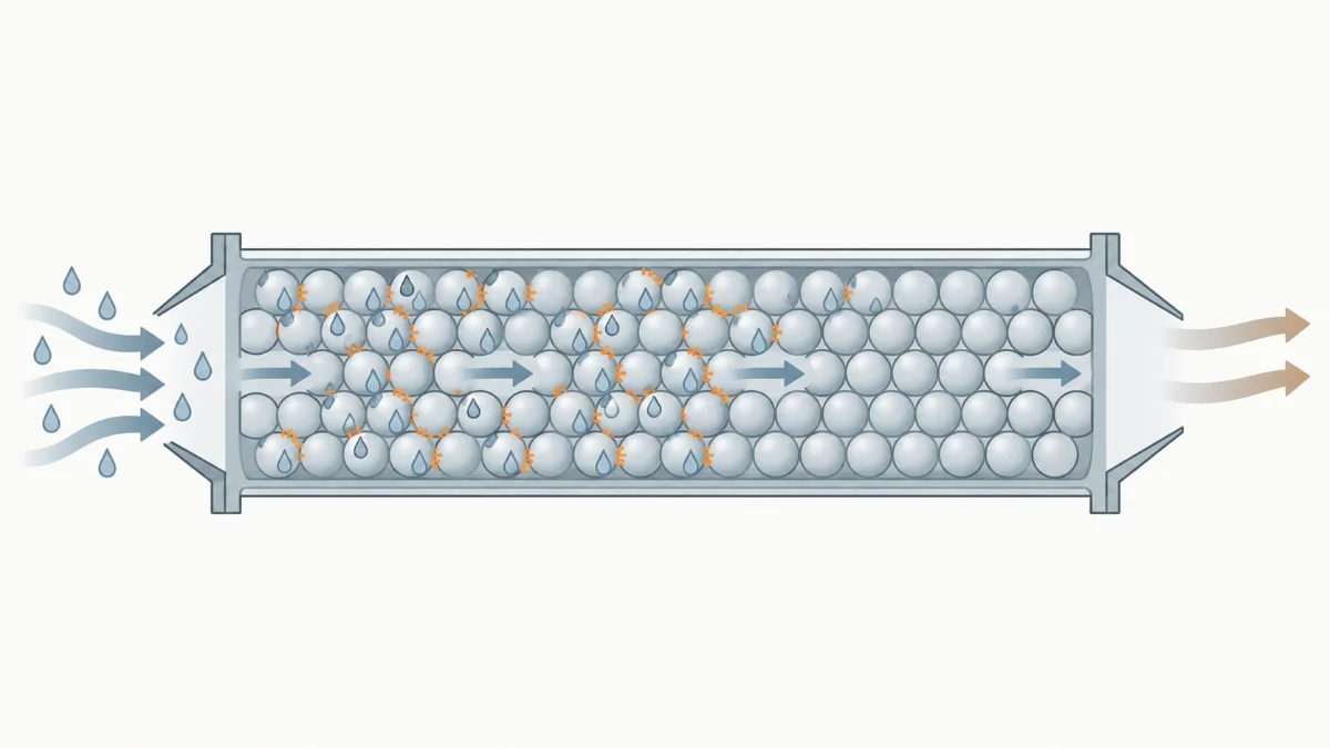 Water molecules adsorbing onto desiccant beads and releasing heat into the passing air stream