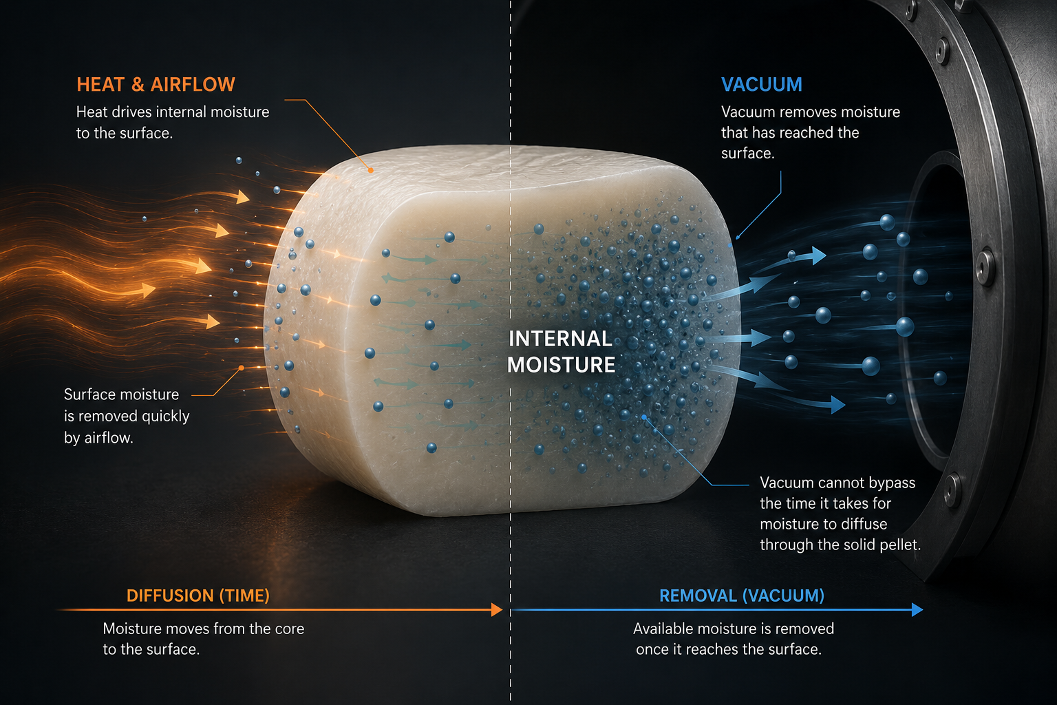 Diffusion of moisture from the core of a plastic pellet to its surface