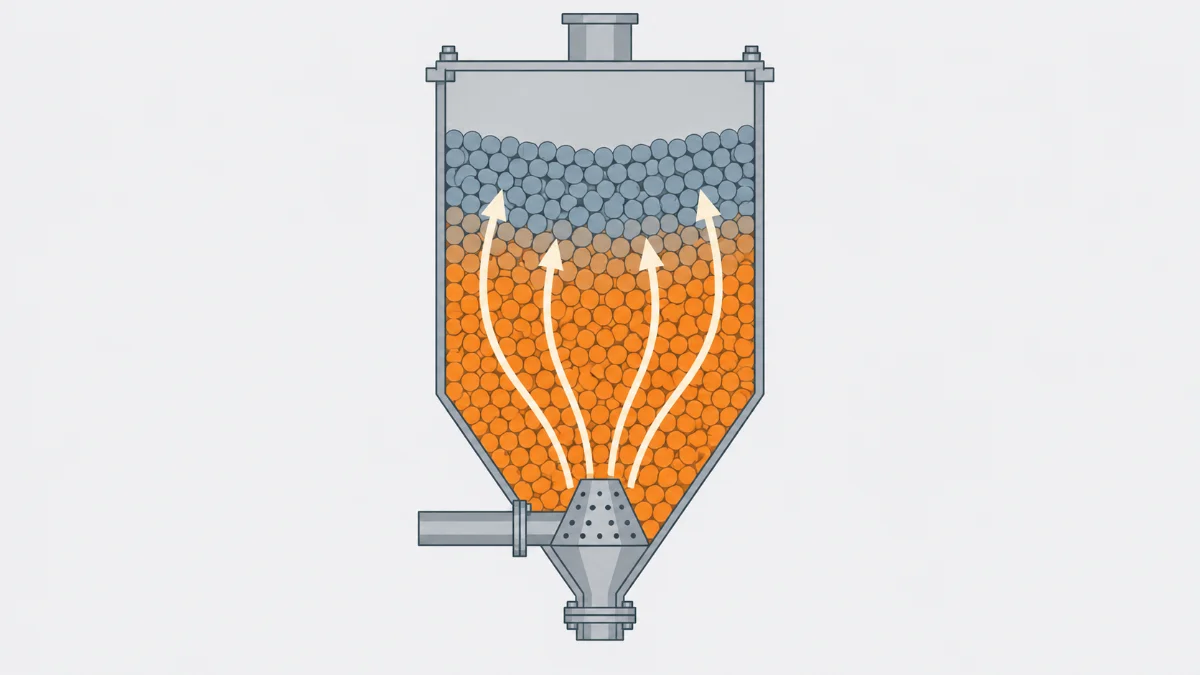 Cutaway of a resin drying hopper showing a cooler upper zone in the pellet bed
