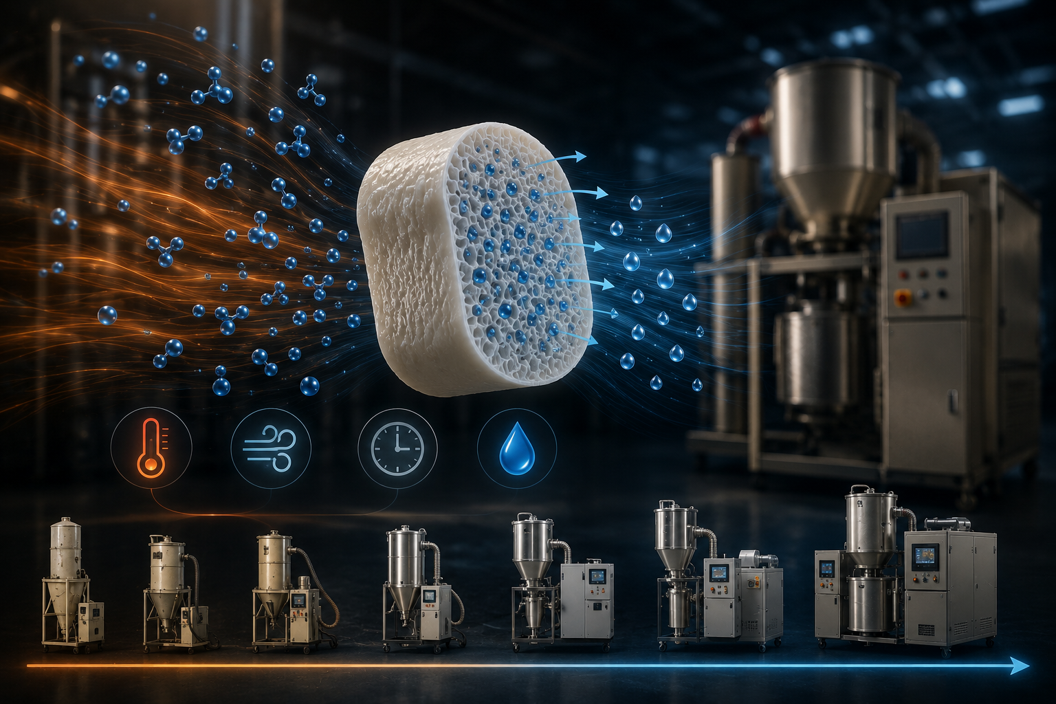 The elements of resin drying: heat, dry air, airflow and time acting on a bed of pellets