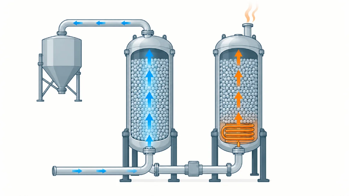 Cross-section of a twin-tower desiccant dryer with one tower drying process air and the other regenerating